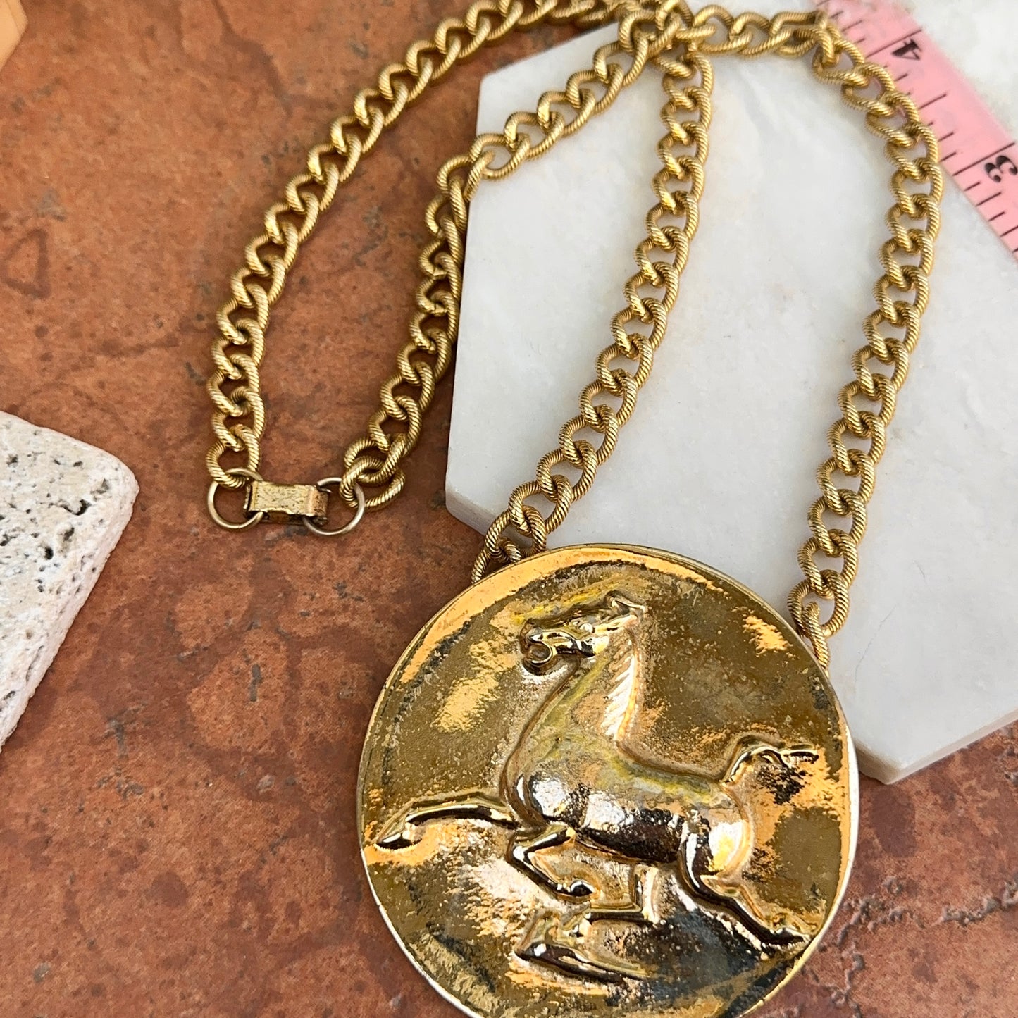 Estate Gold-Tone Alva Museum Replica 1974 Horse Medallion Necklace