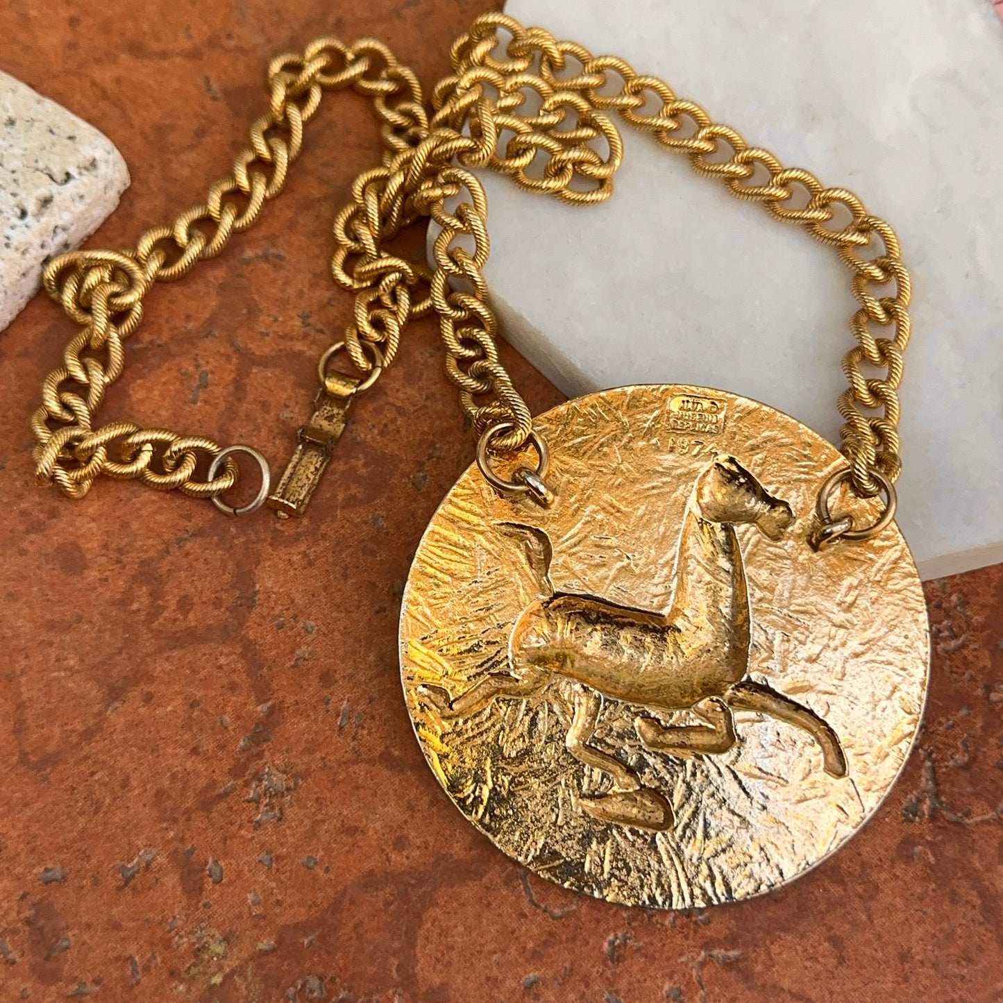 Estate Gold-Tone Alva Museum Replica 1974 Horse Medallion Necklace