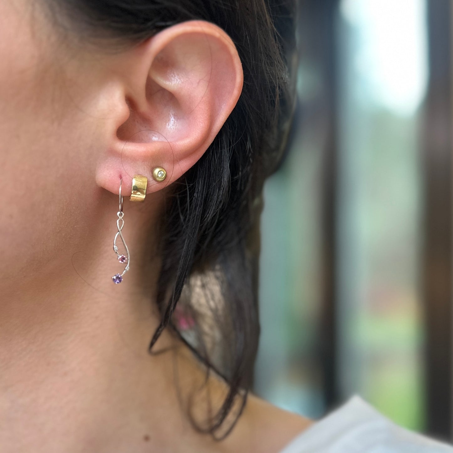 Estate 14KT White Gold Round Amethyst, Pink Tourmaline, Diamond Earrings Jackets