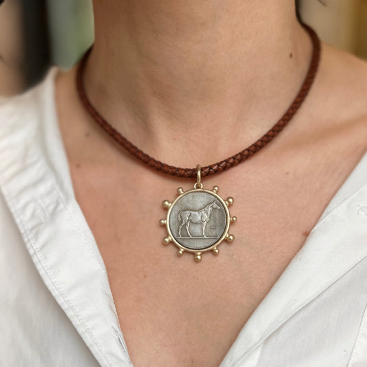 Silver Horse Coin Yellow Tone Beaded Pendant on Brown Braided Leather Necklace