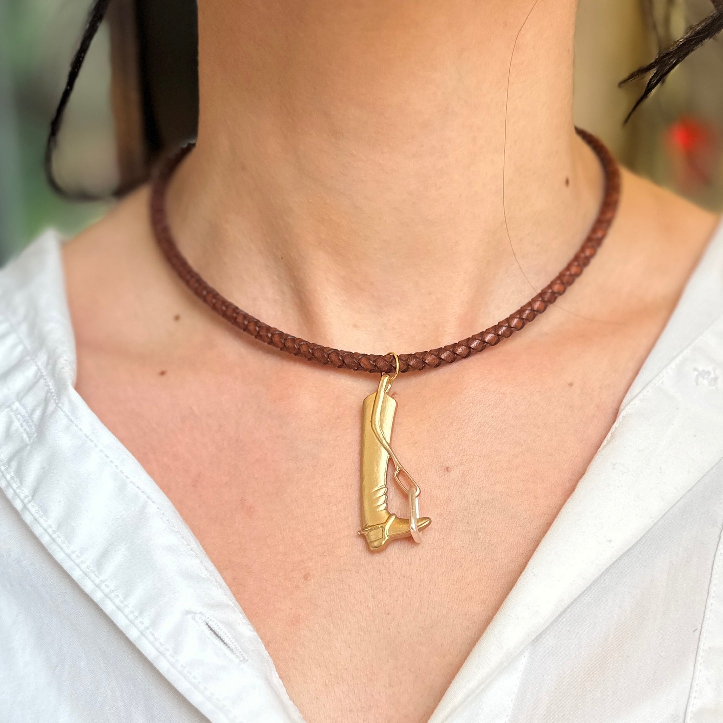 Silver and Yellow Plated Cowboy Boot in Stir-Up Brown Braided Leather Necklace