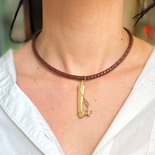 Silver and Yellow Plated Cowboy Boot in Stir-Up Brown Braided Leather Necklace