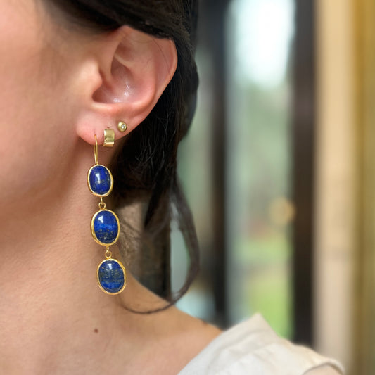 Yellow Gold-Plated Oval Cabochon Lapis Dangle Drop Wire Earrings