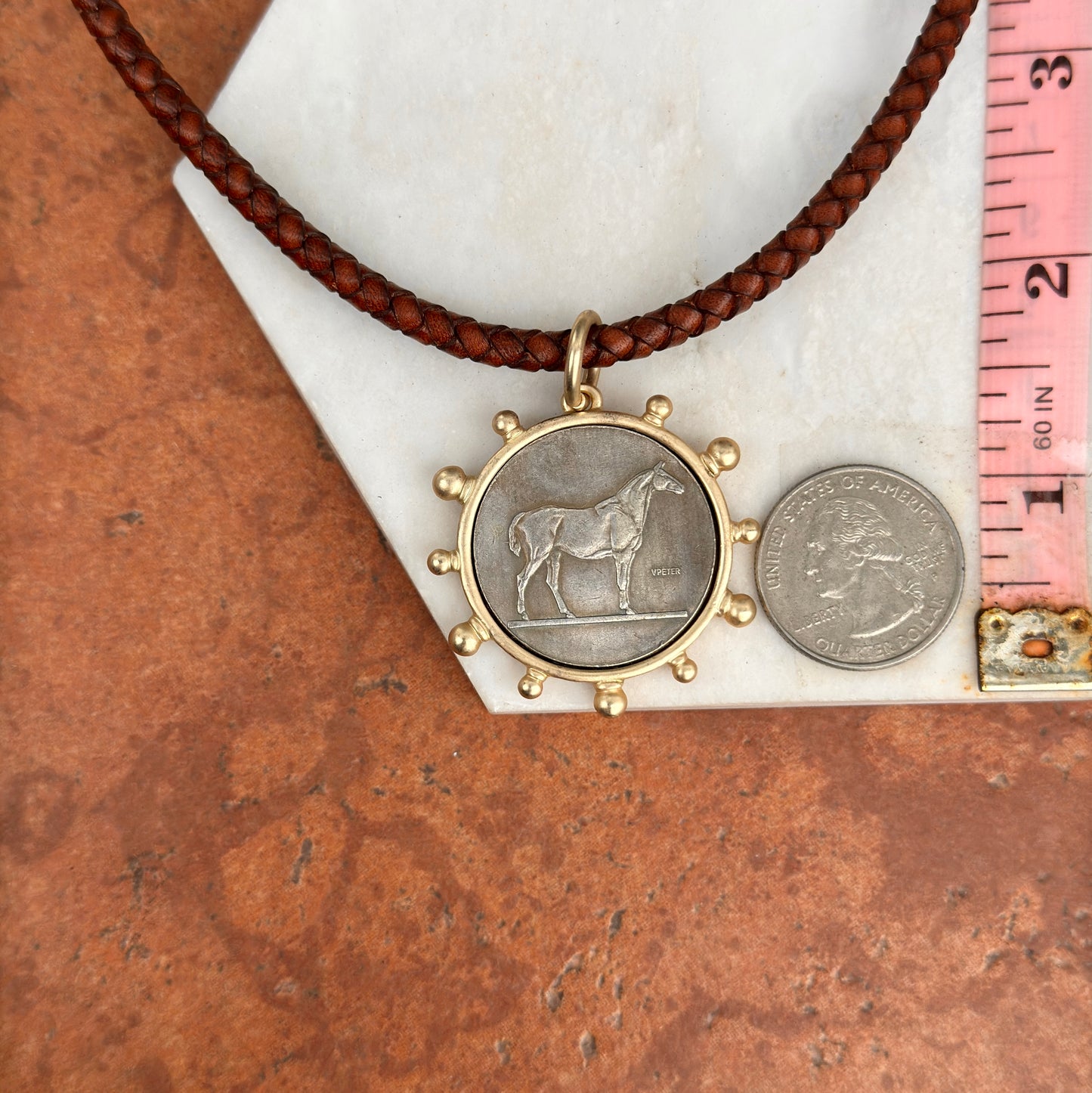 Silver Horse Coin Yellow Tone Beaded Pendant on Brown Braided Leather Necklace