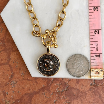 Estate Yellow Tone Faux Roman Coin Pendant/Enhancer Cable Toggle Necklace