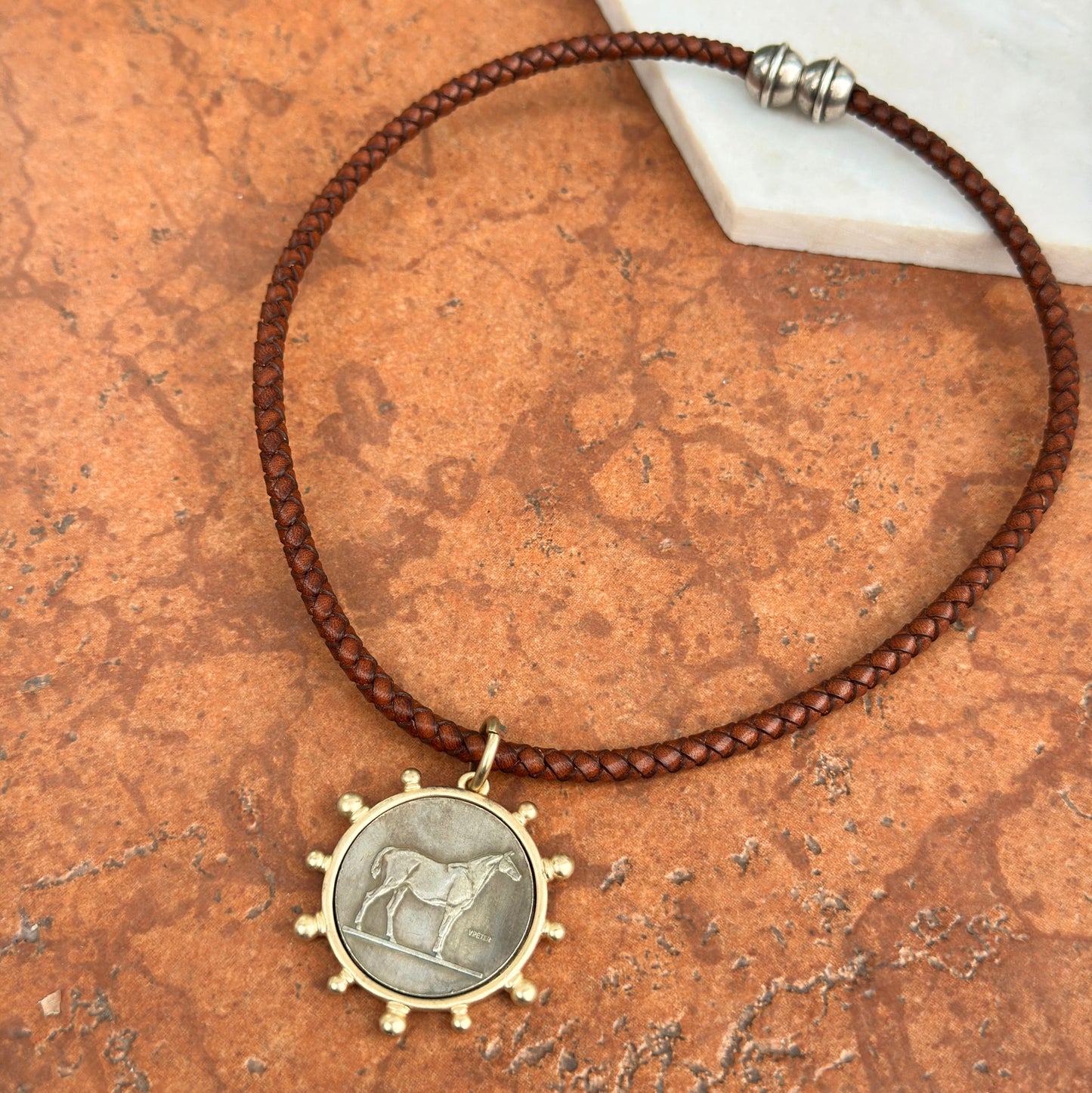 Silver Horse Coin Yellow Tone Beaded Pendant on Brown Braided Leather Necklace