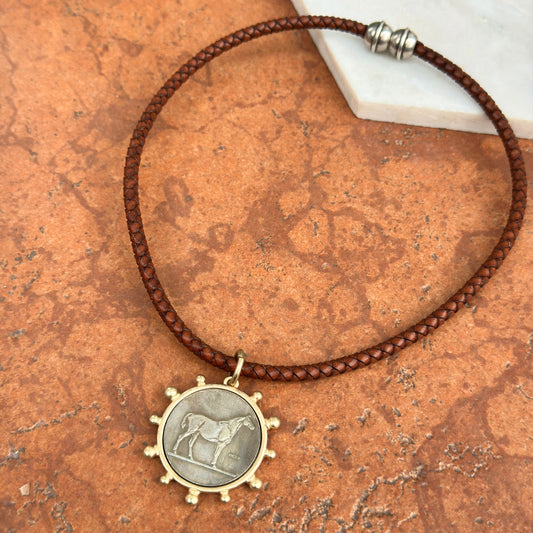 Silver Horse Coin Yellow Tone Beaded Pendant on Brown Braided Leather Necklace