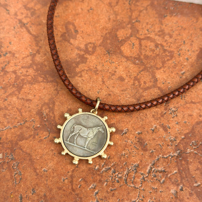 Silver Horse Coin Yellow Tone Beaded Pendant on Brown Braided Leather Necklace