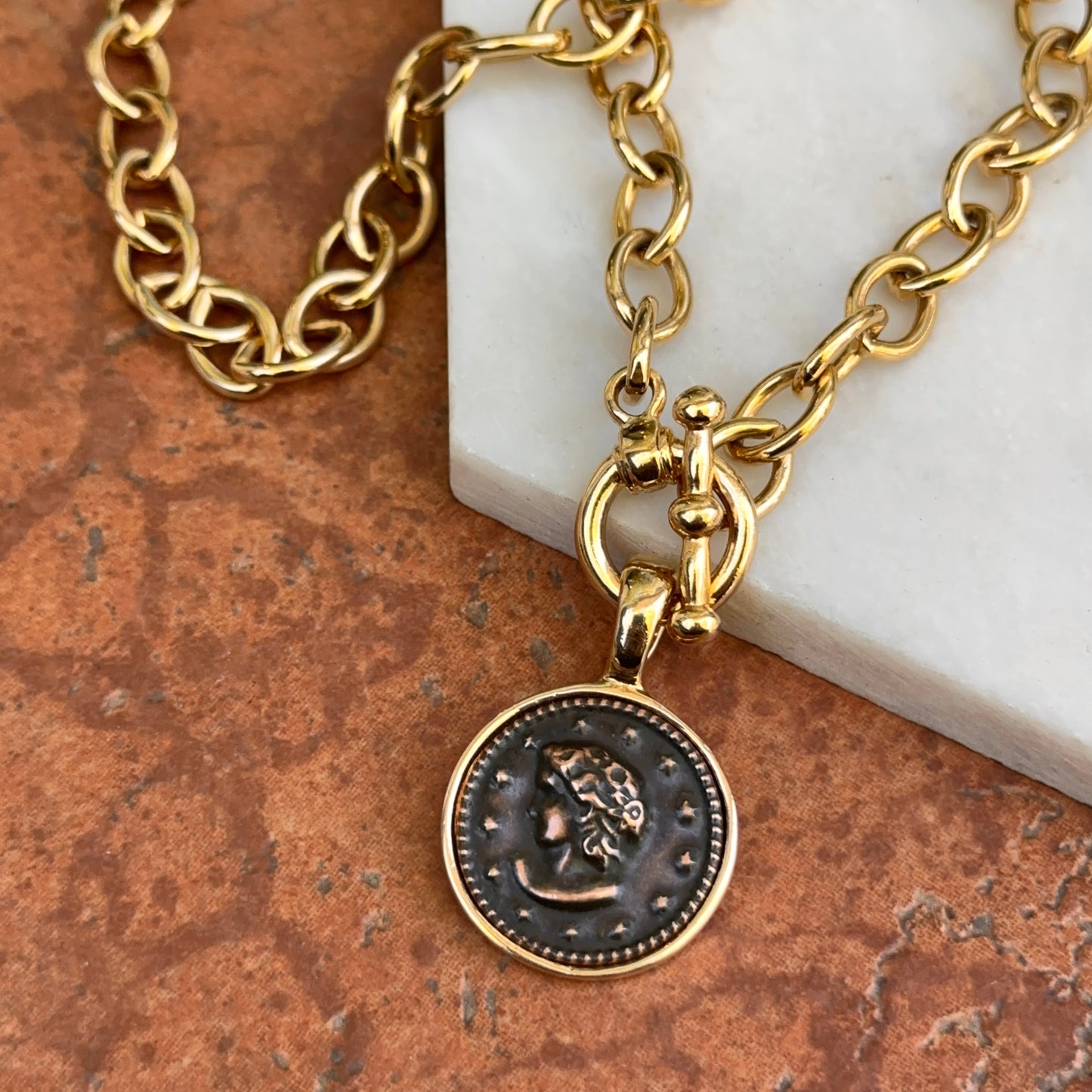 Estate Yellow Tone Faux Roman Coin Pendant/Enhancer Cable Toggle Necklace