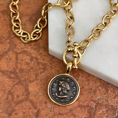 Estate Yellow Tone Faux Roman Coin Pendant/Enhancer Cable Toggle Necklace