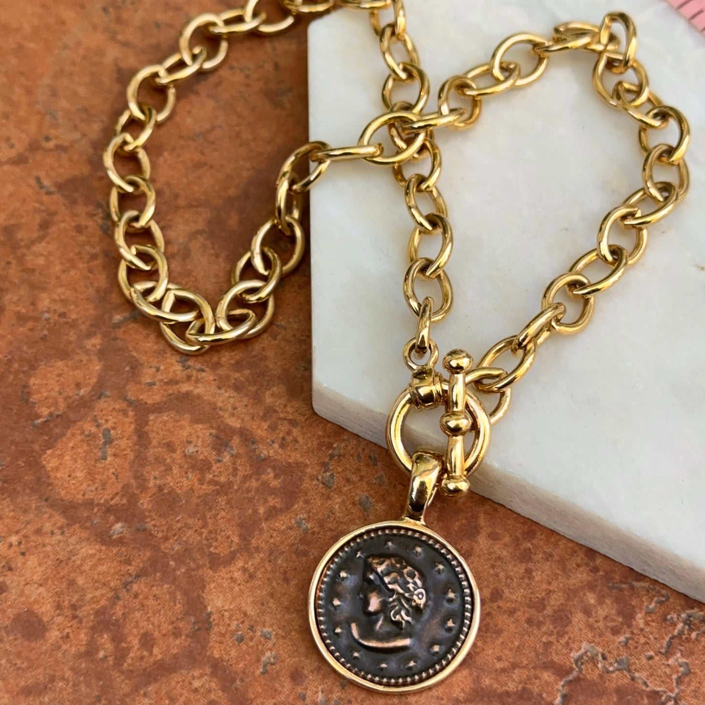 Estate Yellow Tone Faux Roman Coin Pendant/Enhancer Cable Toggle Necklace