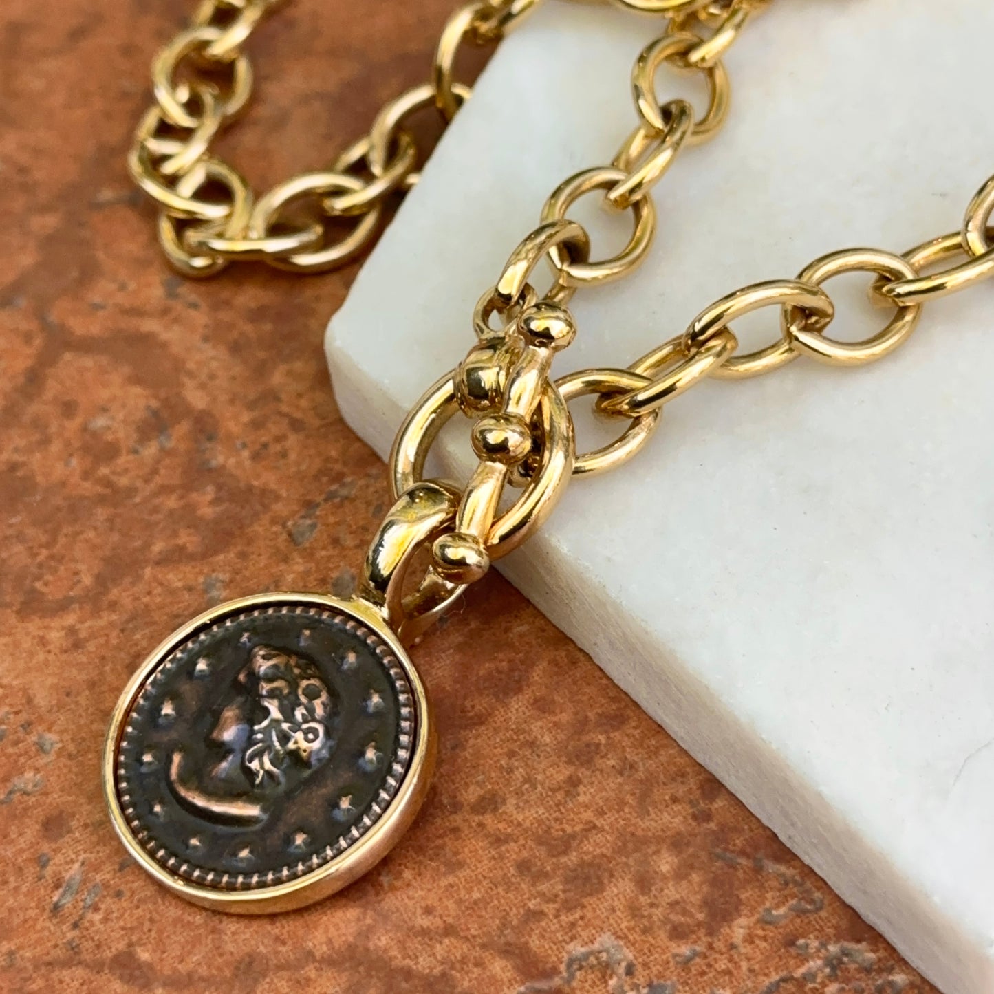 Estate Yellow Tone Faux Roman Coin Pendant/Enhancer Cable Toggle Necklace