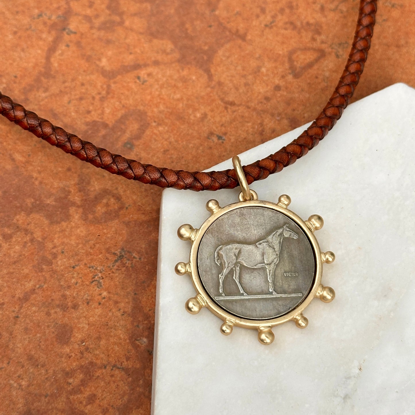 Silver Horse Coin Yellow Tone Beaded Pendant on Brown Braided Leather Necklace