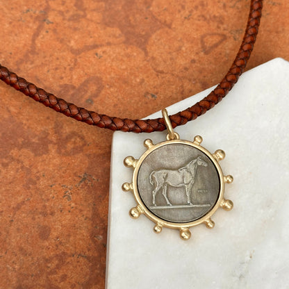 Silver Horse Coin Yellow Tone Beaded Pendant on Brown Braided Leather Necklace