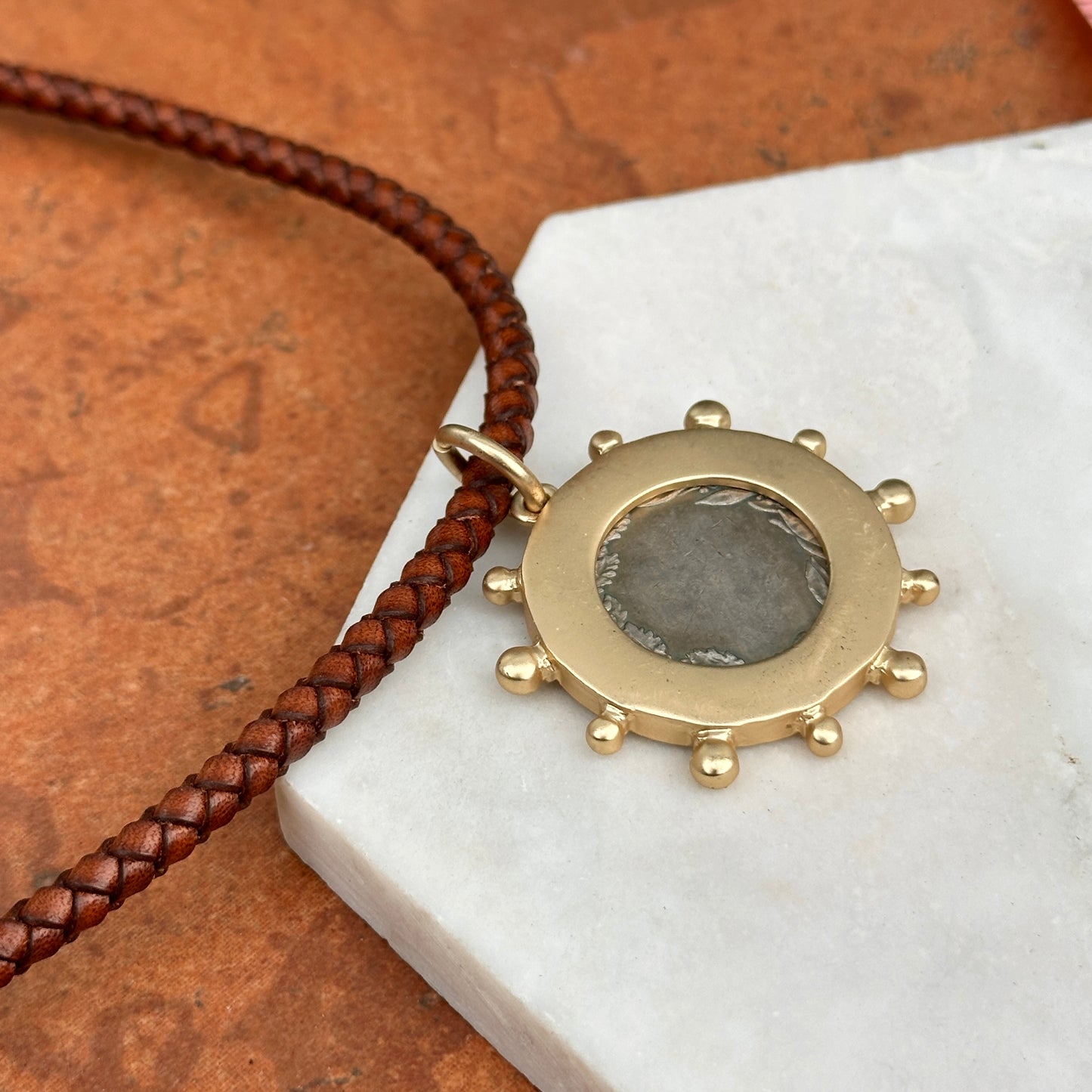 Silver Horse Coin Yellow Tone Beaded Pendant on Brown Braided Leather Necklace