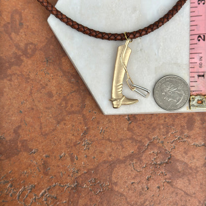 Silver and Yellow Plated Cowboy Boot in Stir-Up Brown Braided Leather Necklace