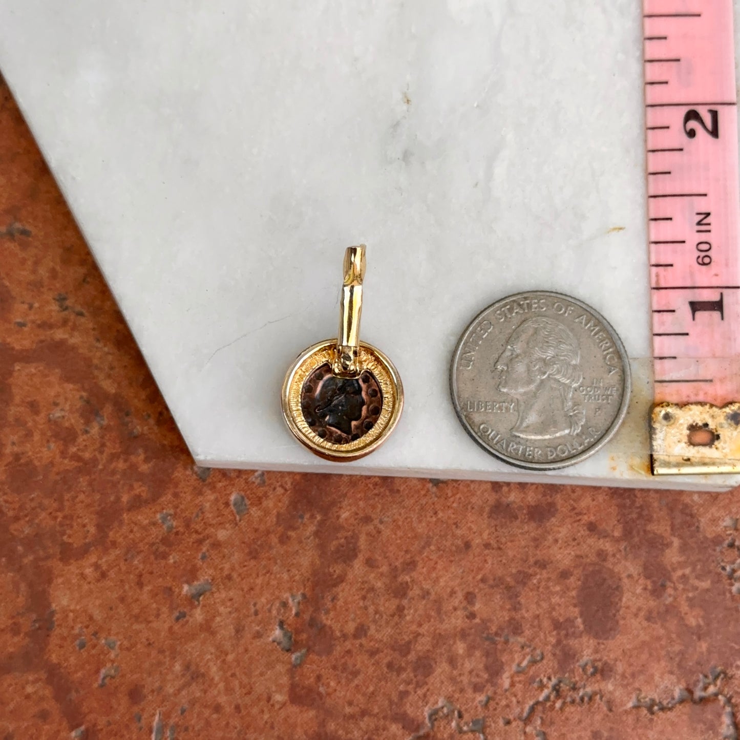 Estate Yellow Tone Faux Roman Coin Bezel Pierced Lever Back Drop Dangle Earrings