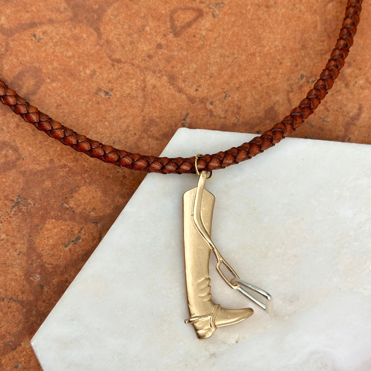 Silver and Yellow Plated Cowboy Boot in Stir-Up Brown Braided Leather Necklace