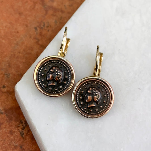 Estate Yellow Tone Faux Roman Coin Bezel Pierced Lever Back Drop Dangle Earrings