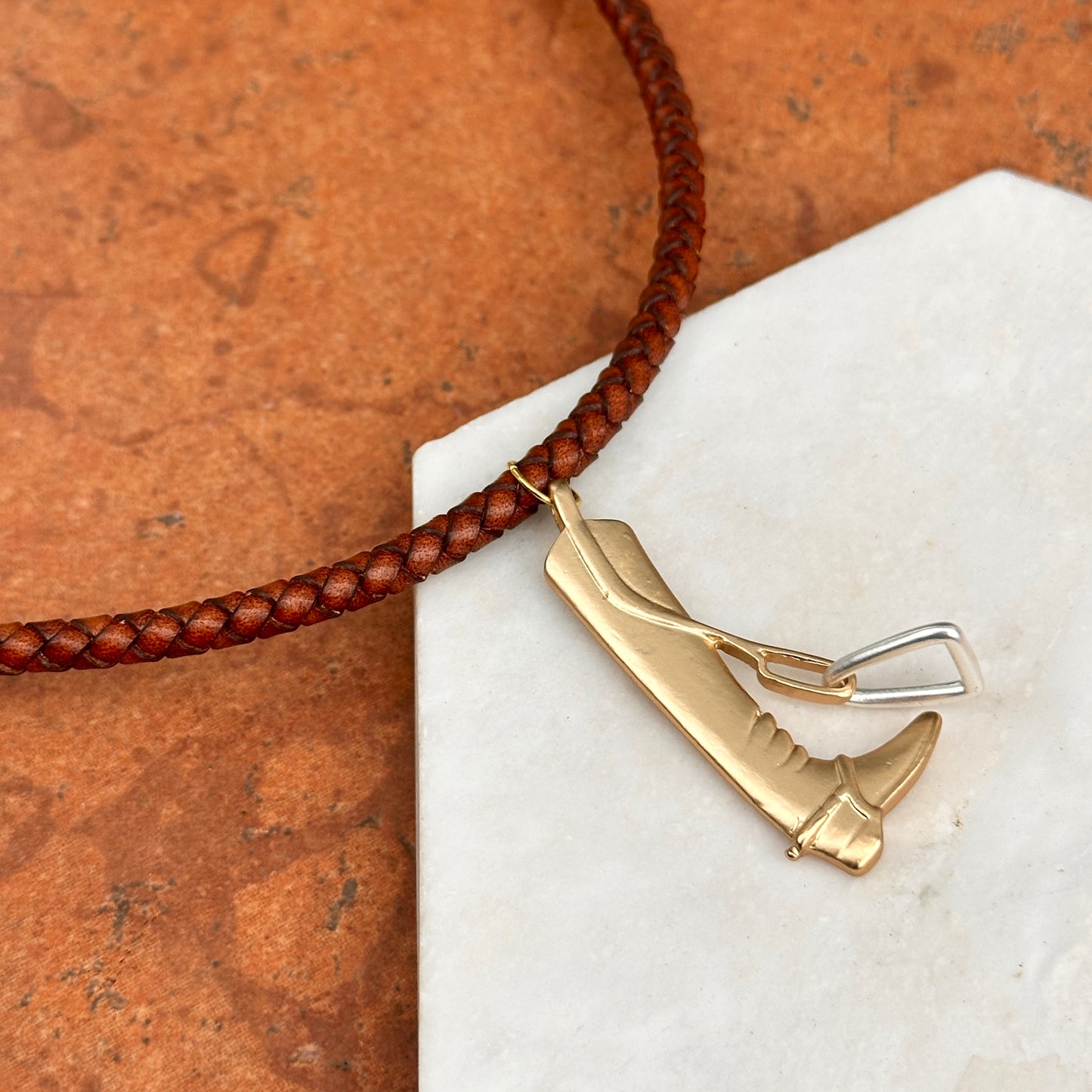 Silver and Yellow Plated Cowboy Boot in Stir-Up Brown Braided Leather Necklace