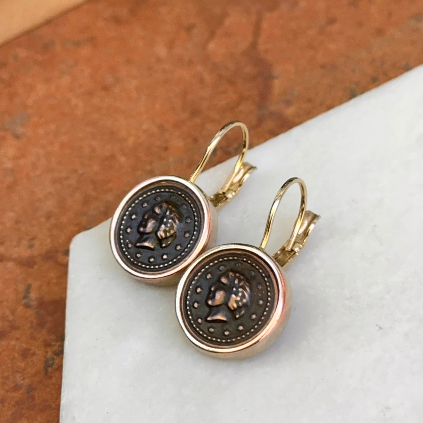 Estate Yellow Tone Faux Roman Coin Bezel Pierced Lever Back Drop Dangle Earrings