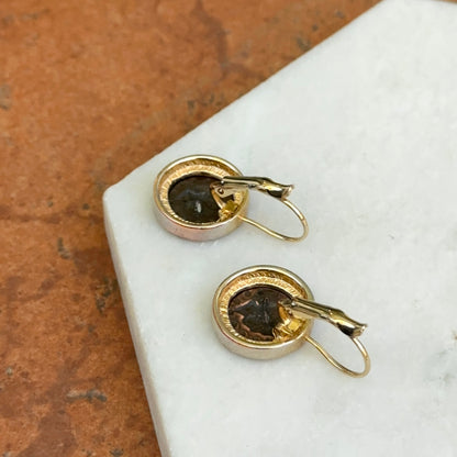 Estate Yellow Tone Faux Roman Coin Bezel Pierced Lever Back Drop Dangle Earrings