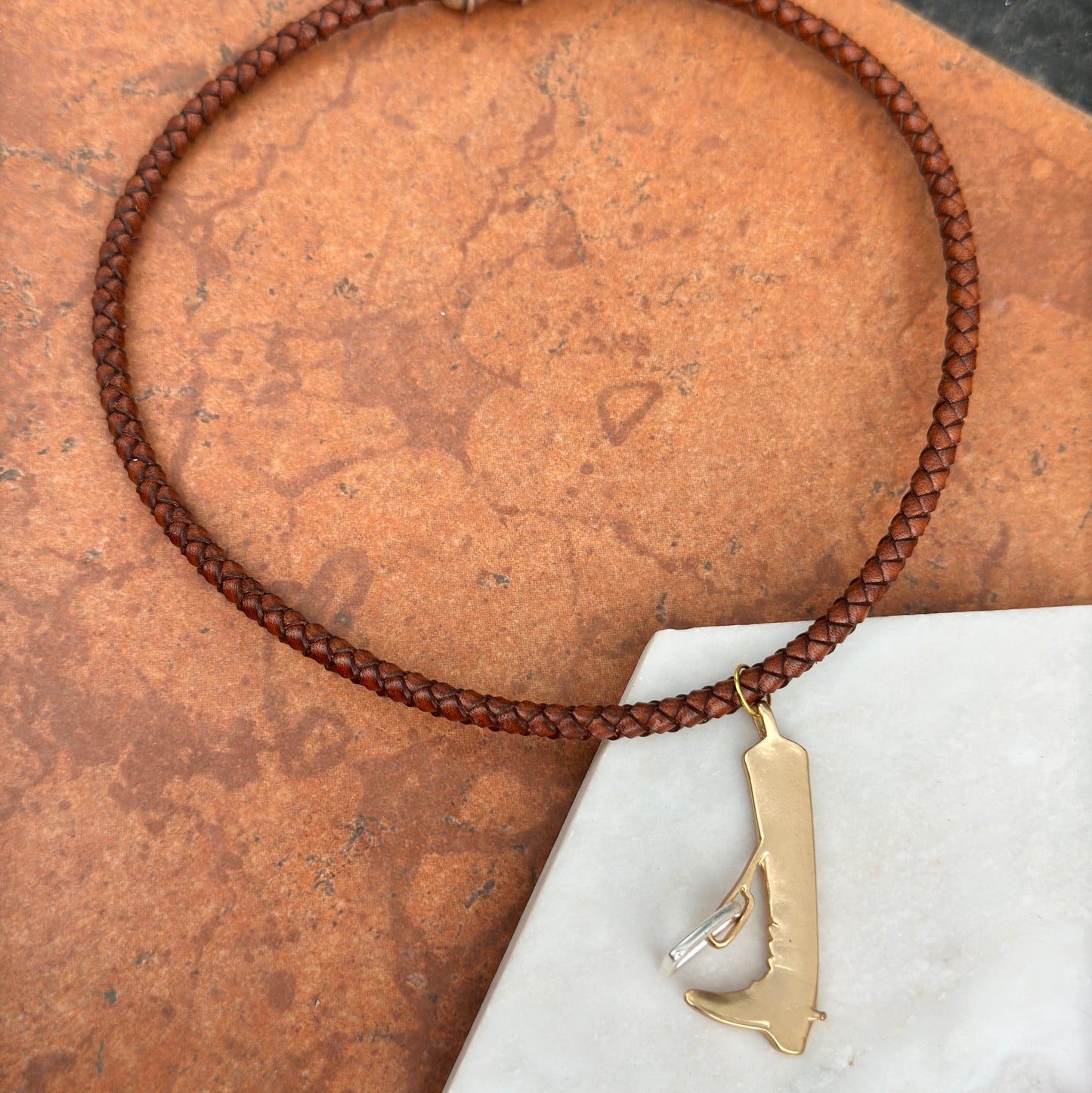 Silver and Yellow Plated Cowboy Boot in Stir-Up Brown Braided Leather Necklace