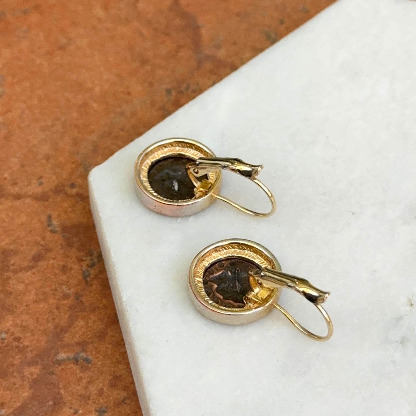 Estate Yellow Tone Faux Roman Coin Bezel Pierced Lever Back Drop Dangle Earrings