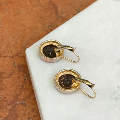 Estate Yellow Tone Faux Roman Coin Bezel Pierced Lever Back Drop Dangle Earrings