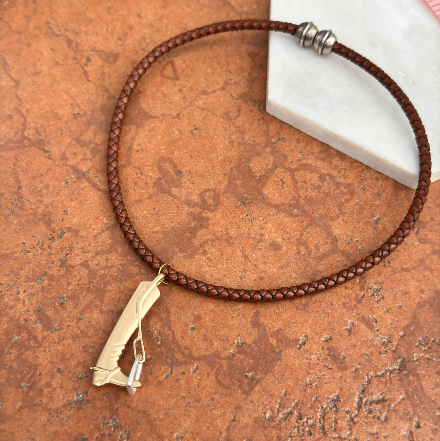 Silver and Yellow Plated Cowboy Boot in Stir-Up Brown Braided Leather Necklace