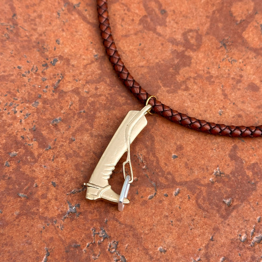 Silver and Yellow Plated Cowboy Boot in Stir-Up Brown Braided Leather Necklace