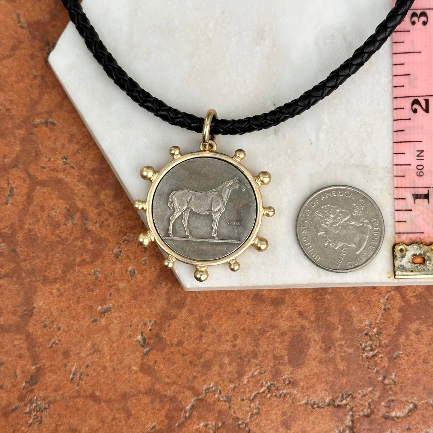 Silver Horse Coin Yellow Tone Beaded Pendant on Black Braided Leather Necklace