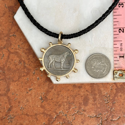 Silver Horse Coin Yellow Tone Beaded Pendant on Black Braided Leather Necklace