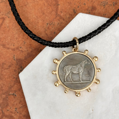 Silver Horse Coin Yellow Tone Beaded Pendant on Black Braided Leather Necklace