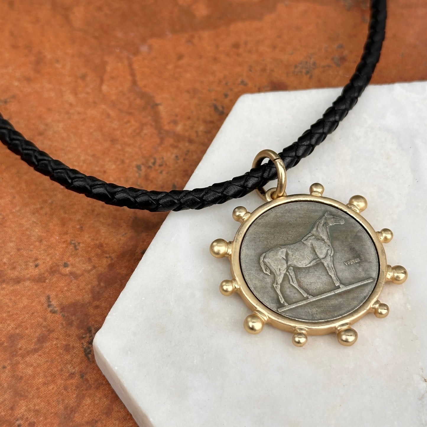 Silver Horse Coin Yellow Tone Beaded Pendant on Black Braided Leather Necklace