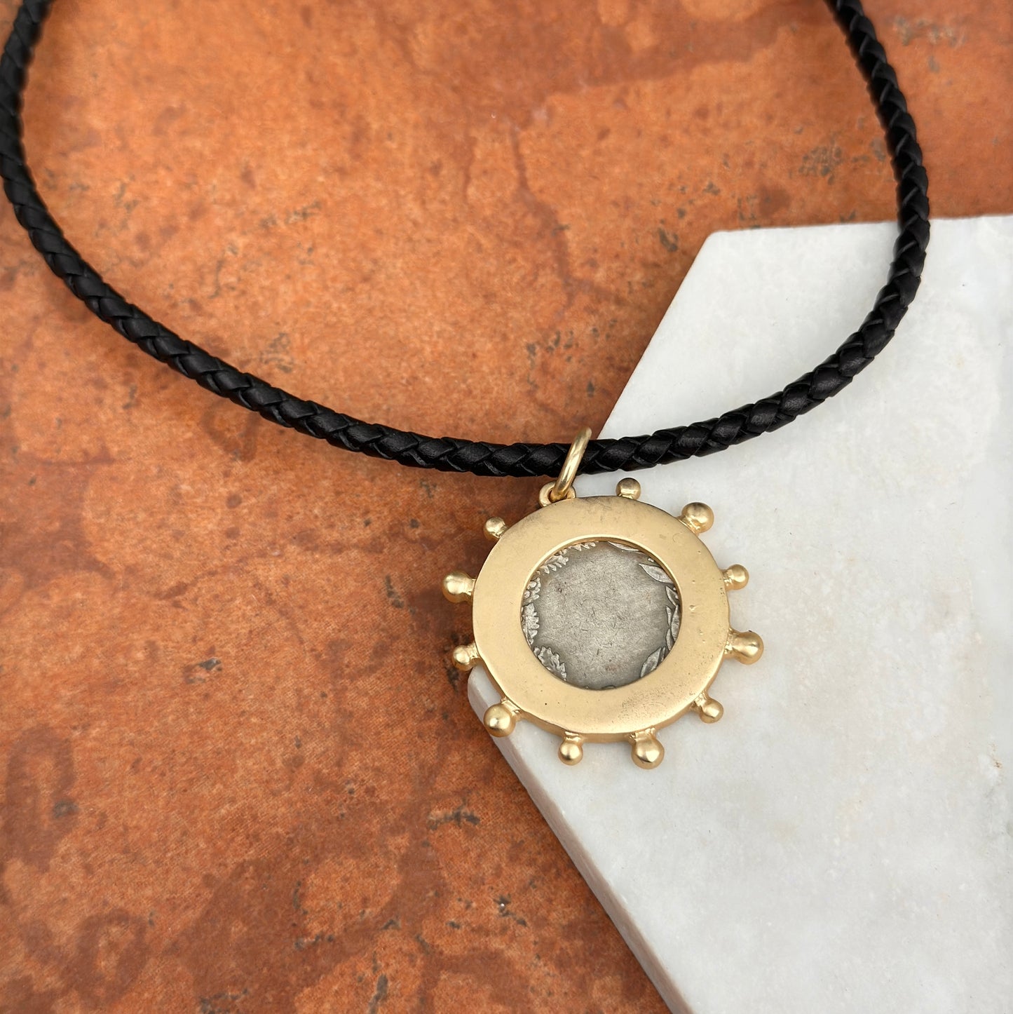 Silver Horse Coin Yellow Tone Beaded Pendant on Black Braided Leather Necklace