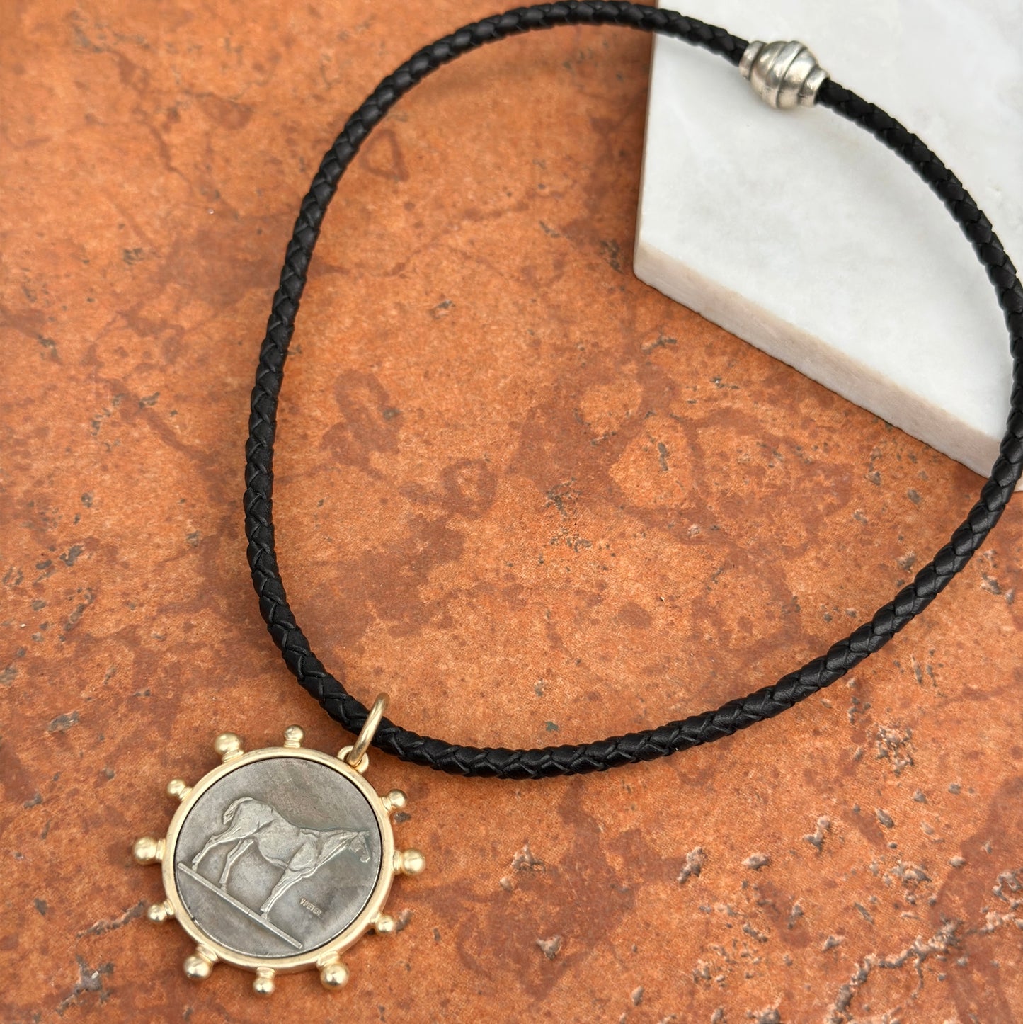 Silver Horse Coin Yellow Tone Beaded Pendant on Black Braided Leather Necklace