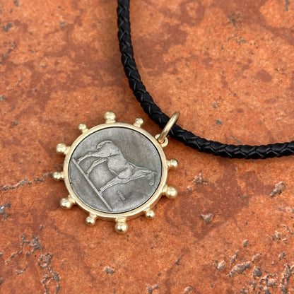 Silver Horse Coin Yellow Tone Beaded Pendant on Black Braided Leather Necklace