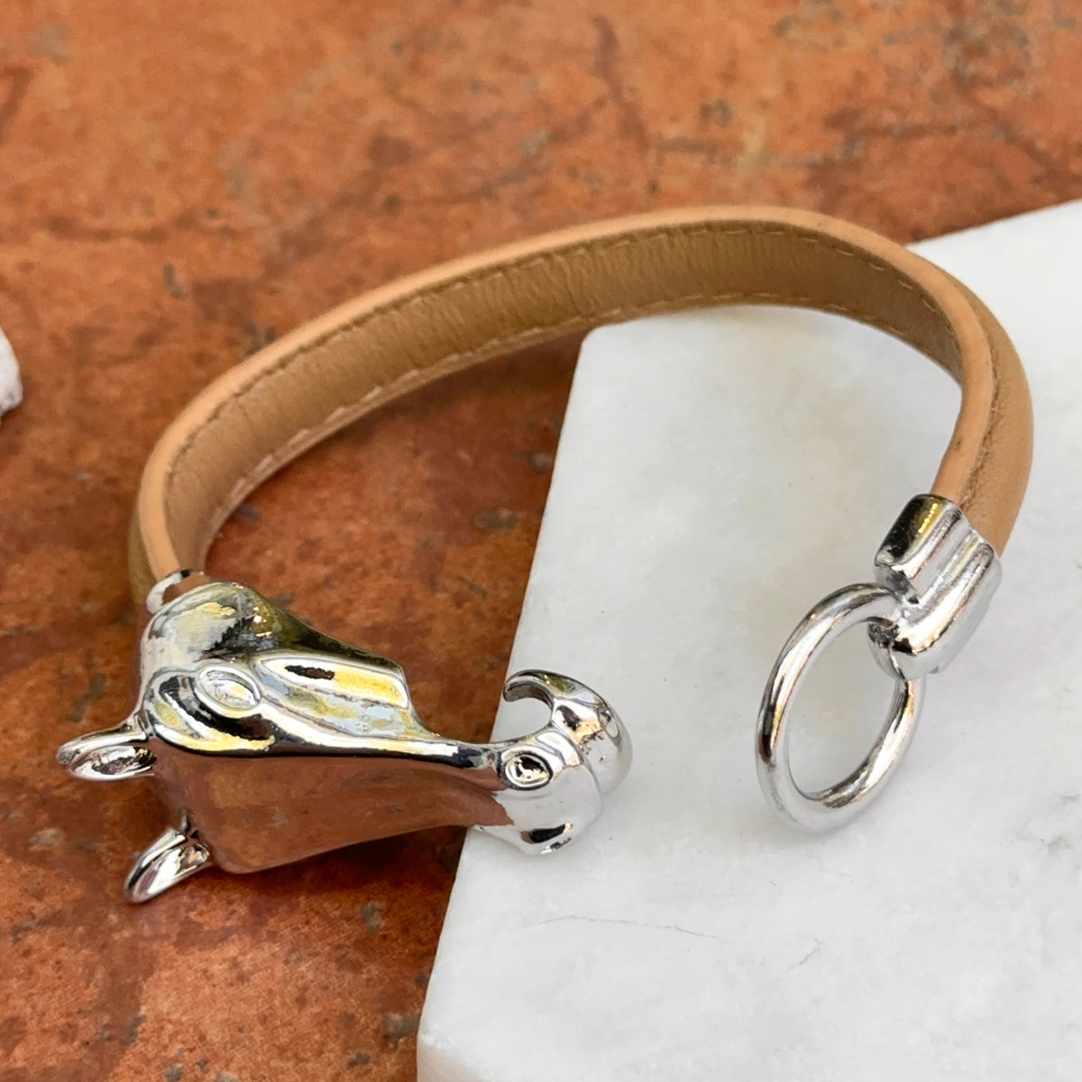 Silver-Tone Horse Head Leather Brown Bracelet