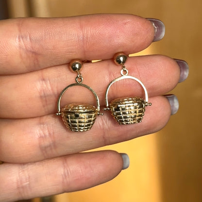 Estate 14KT Yellow Gold Nantucket Basket 3D Drop Earrings