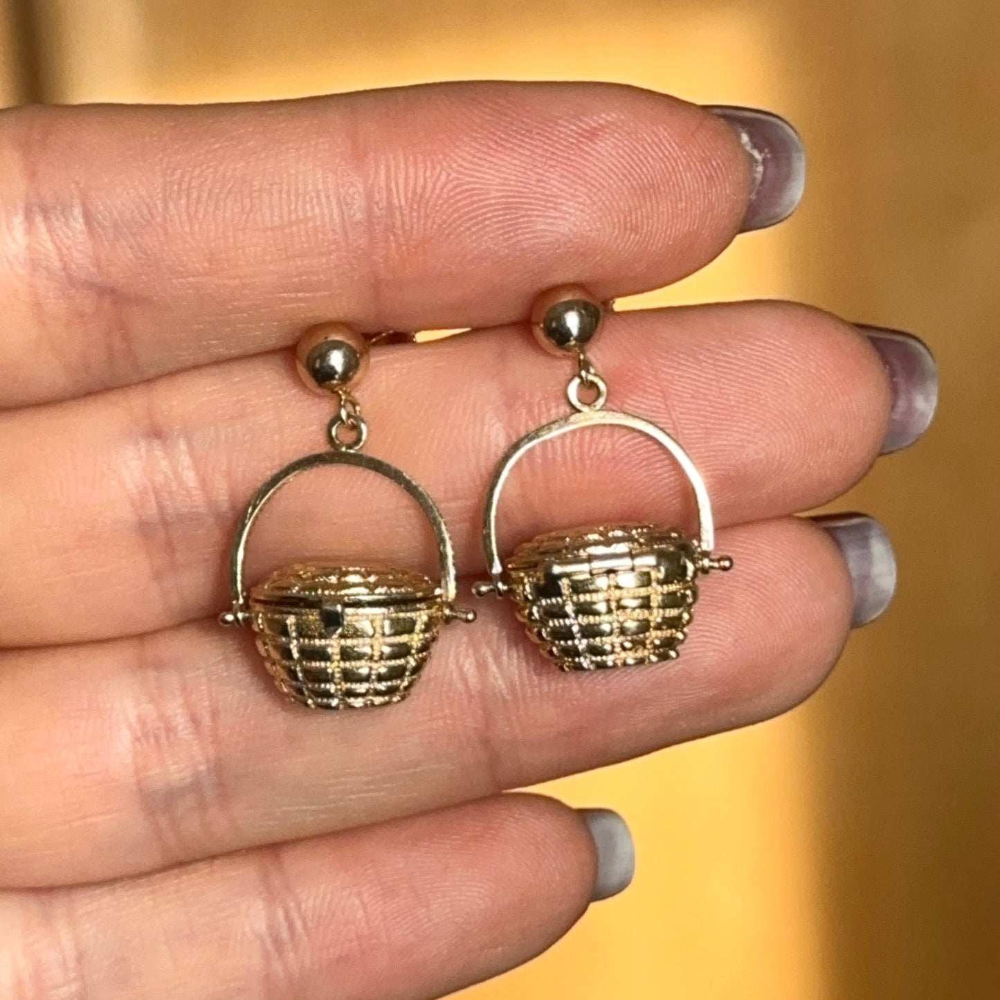 Estate 14KT Yellow Gold Nantucket Basket 3D Drop Earrings