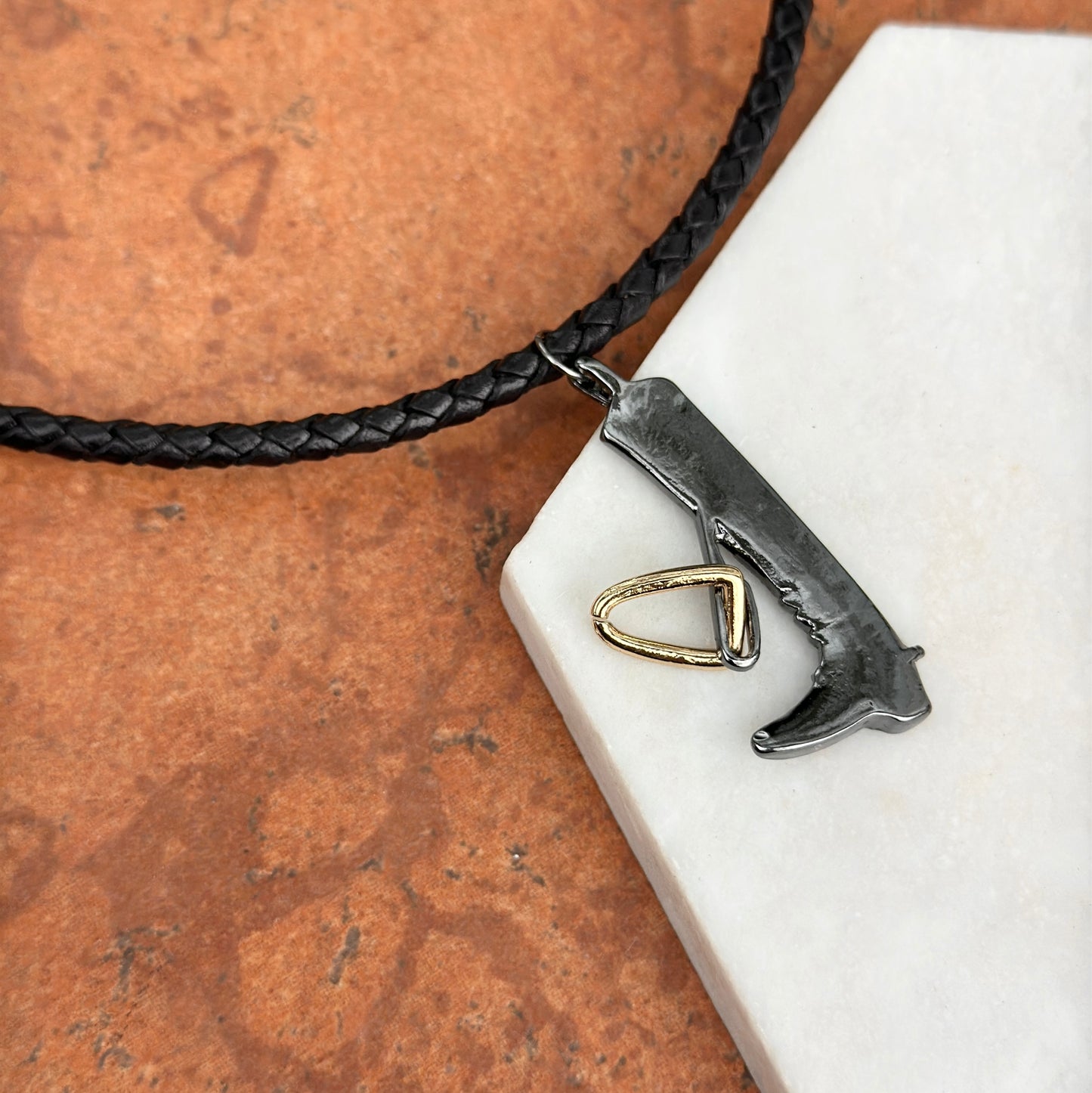 Silver Gun Metal and Yellow Plated Cowboy Boot in Stir-Up Black Braided Leather Necklace
