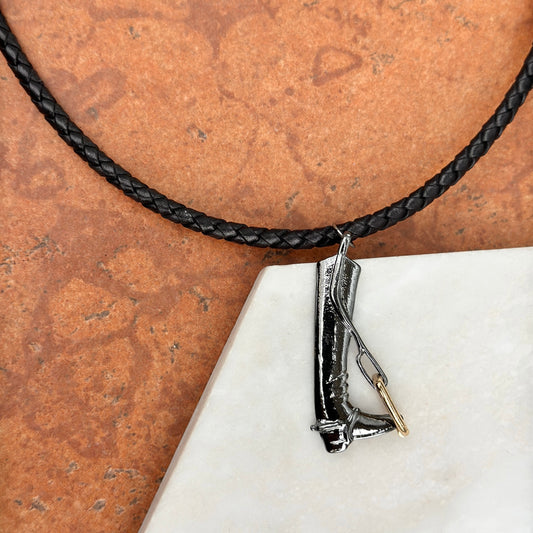 Silver Gun Metal and Yellow Plated Cowboy Boot in Stir-Up Black Braided Leather Necklace
