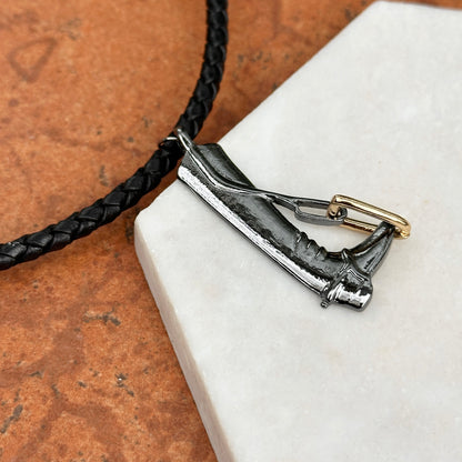 Silver Gun Metal and Yellow Plated Cowboy Boot in Stir-Up Black Braided Leather Necklace