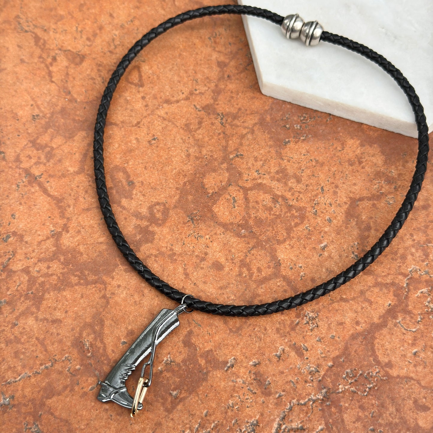 Silver Gun Metal and Yellow Plated Cowboy Boot in Stir-Up Black Braided Leather Necklace