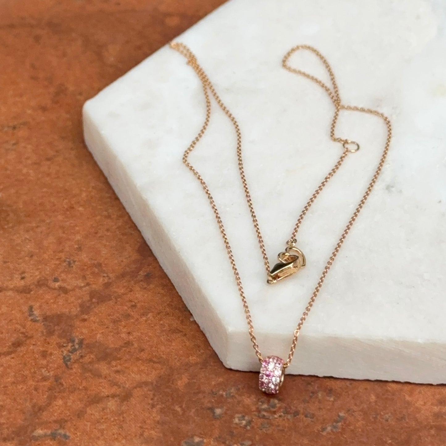 Estate 18KT Rose Gold Pink Sapphire + Diamond Pendant Slide Necklace