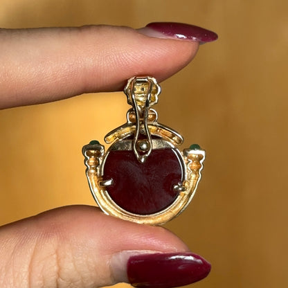 Estate 14KT Yellow Gold Intaglio Carnelian + Diamond Pendant