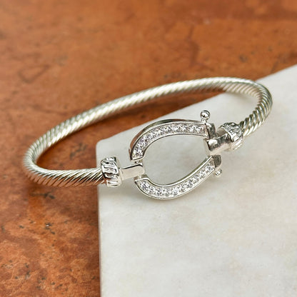 Silver Round Cubic Zirconia Horseshoe Twisted Bangle Bracelet