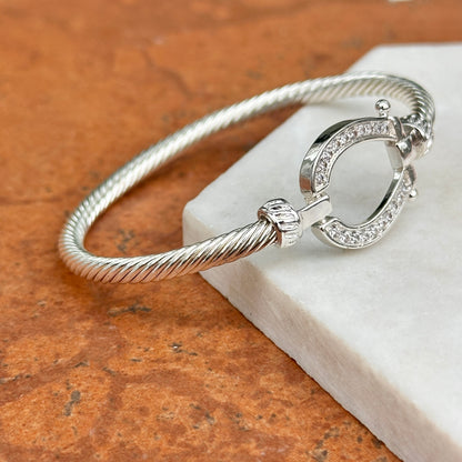 Silver Round Cubic Zirconia Horseshoe Twisted Bangle Bracelet