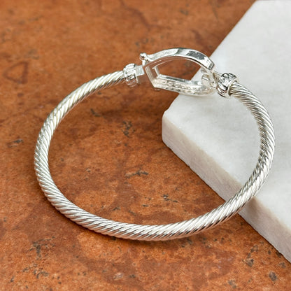 Silver Round Cubic Zirconia Horseshoe Twisted Bangle Bracelet